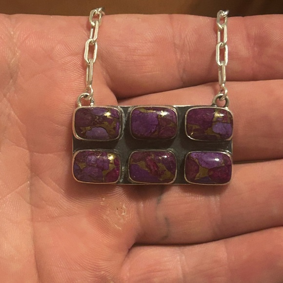 STERLING SILVER NATIVE AMERICAN SW PURPLE MOJAVE TURQUOISE BAR NECKLACE .925 - Picture 3 of 10